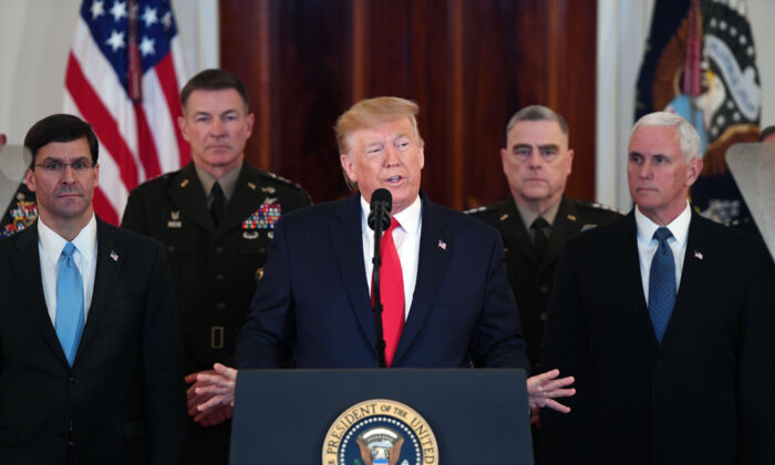 President Donald Trump speaks about the situation with Iran in the Grand Foyer of the White House in Washington on Jan. 8, 2020.  Saul Loeb/AFP via Getty Images