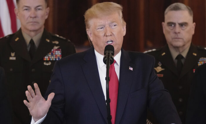 President Trump speaks from the White House in Washington on Jan. 08, 2020. During his remarks, Trump addressed the Iranian missile attacks that took place last night in Iraq and said, “As long as I am president of the United States, Iran will never be allowed to have a nuclear weapon.” (Win McNamee/Getty Images)