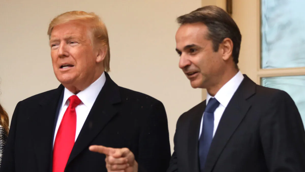 President Donald Trump poses for photos with Prime Minister of Greece Kyriakos Mitsotakis at the West Wing colonnade of the White House on Jan. 7, 2020. (Alex Wong/Getty Images)