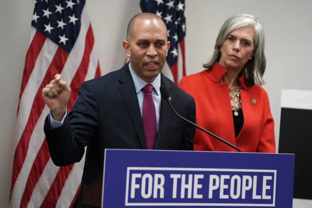 House Democratic Caucus Chairman Rep. Hakeem Jeffries (D-N.Y.) speaks as House Democratic Caucus Vice Chair Katherine Clark (D-Mass.) listens during a news conference after a caucus meeting at the U.S. Capitol in Washington in a Jan. 9, 2019, file photograph. (Alex Wong/Getty Images)