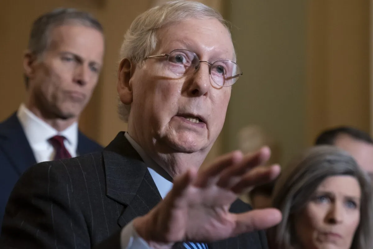 Senate Majority Leader Mitch McConnell (R-Ky.) joined by Majority Whip John Thune (R-S.D.), left, and Sen. Joni Ernst (R-Iowa), at the Capitol in Washington on Jan. 7, 2020. (J. Scott Applewhite/AP Photo)