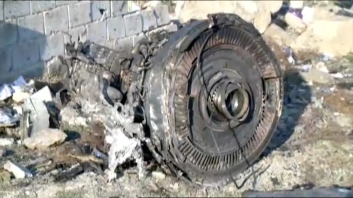 One of the engines of Ukraine International Airlines flight PS752, a Boeing 737-800 plane that crashed after taking off from Tehran's Imam Khomeini airport on Jan. 8, 2020. (Iran Press/Handout via Reuters)