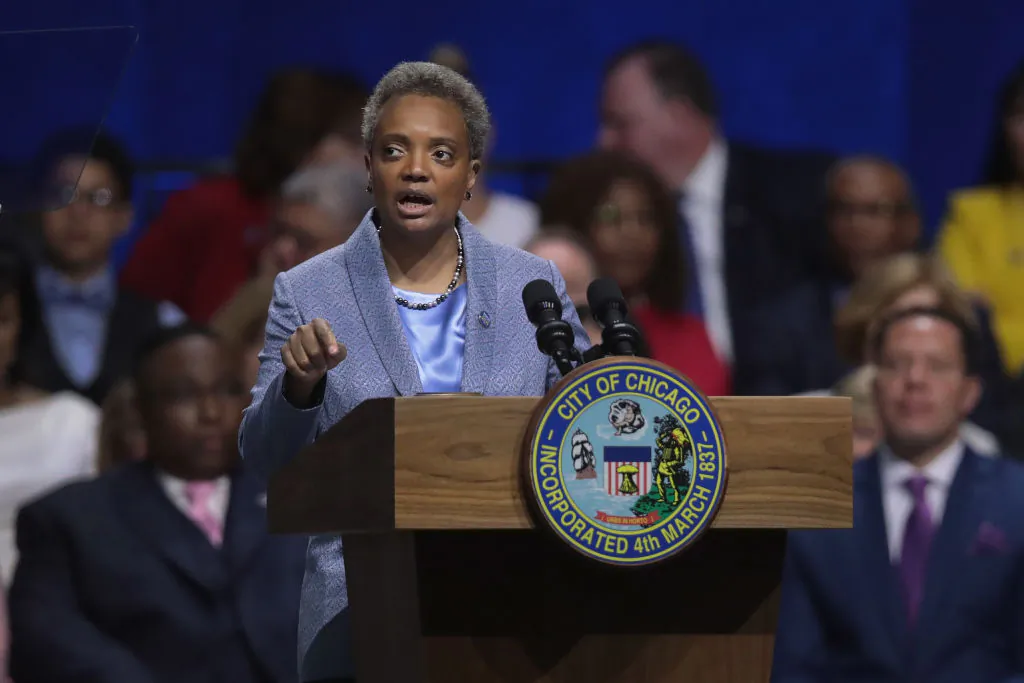 Lori Lightfoot addresses guests after being sworn in as Mayor of Chicago during a ceremony at the Wintrust Arena in Chicago on May 20, 2019. (Scott Olson/Getty Images)
