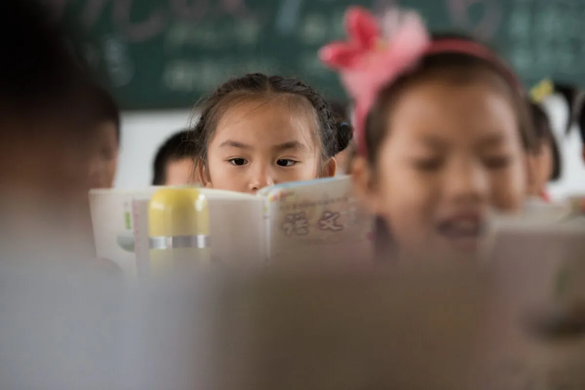 Chinese schoolchildren attending class at a primary school in Pingjiang County in China's Hunan Province, on Oct. 8, 2015. (Johannes Eisele/AFP via Getty Images)
