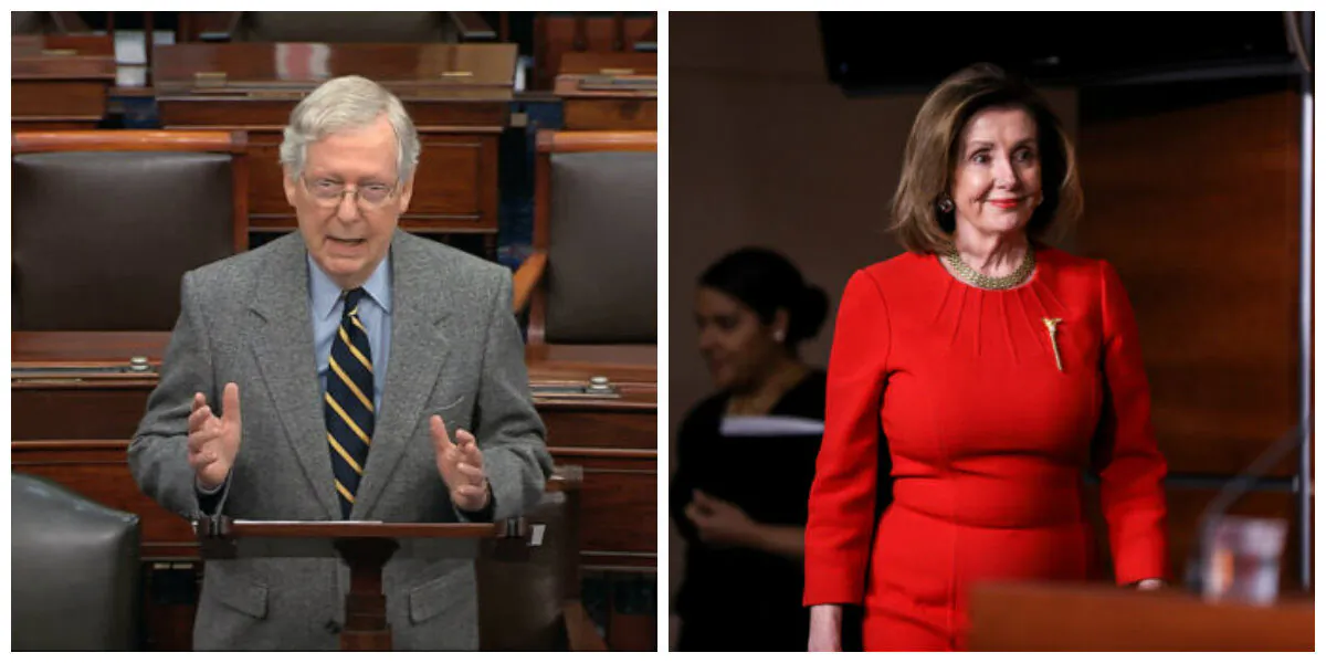 Senate Majority Leader Mitch McConnell (R-Ky.) and House Speaker Nancy Pelosi (D-Calif.). (Senate TV via AP; Charlotte Cuthbertson/The Epoch Times)