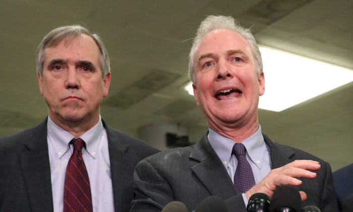 Sen. Chris Van Hollen (D-Md.) speaks while flanked by Sen. Jeff Merkley (D-Ore.) (L), after attending a briefing with administration officials about the situation with Iran, at the U.S. Capitol in Washington on Jan. 8, 2020. (Mark Wilson/Getty Images)