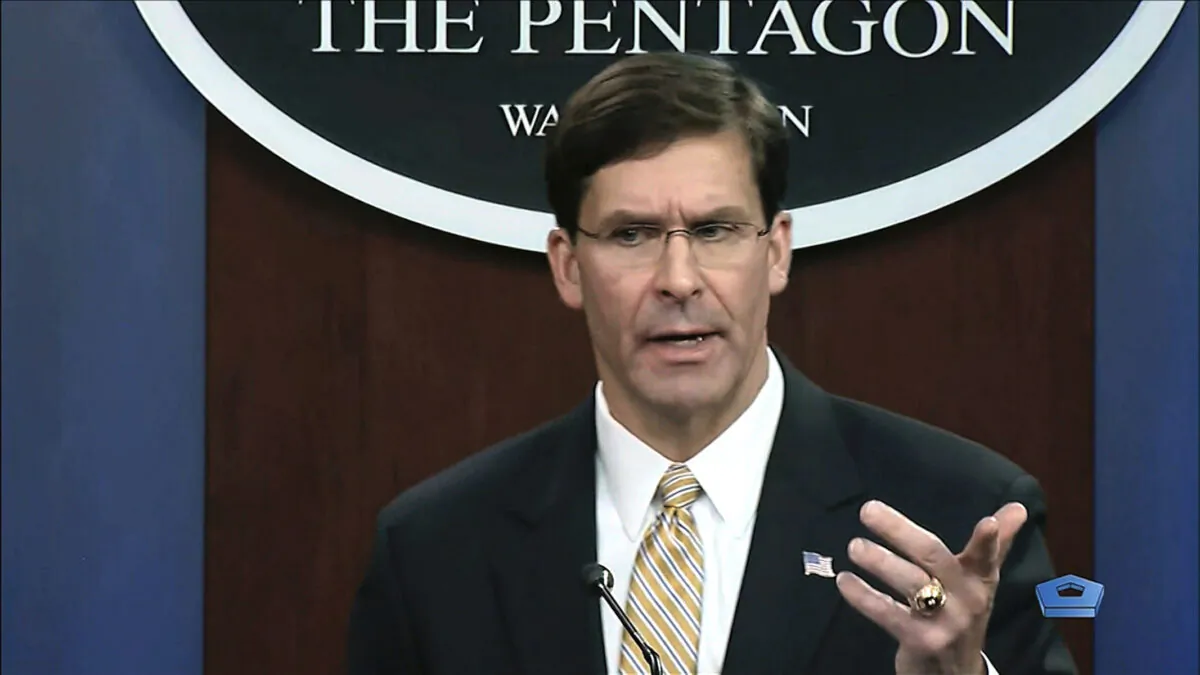 Secretary of Defense Mark Esper talks to the press on Iran and Iraq at the Pentagon in Washington on Jan. 7, 2020. (divids via AP)