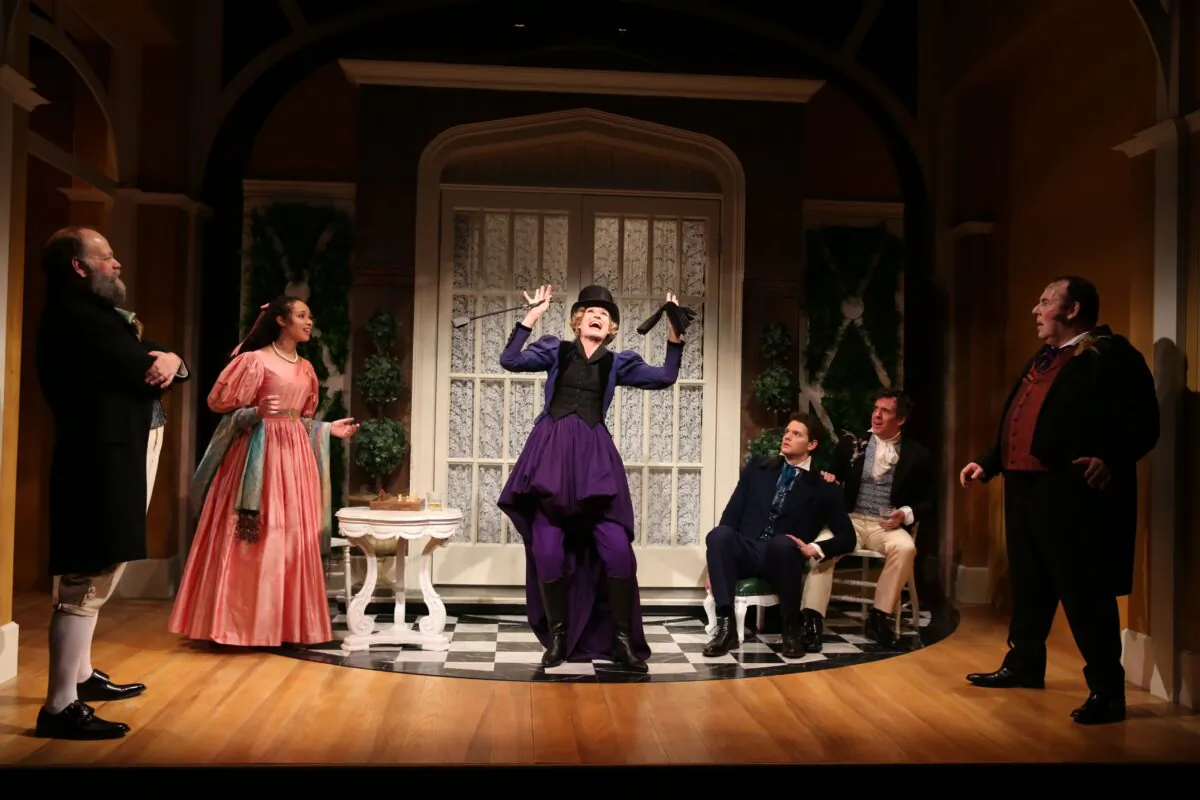 (L–R) Brian Keane, Caroline Strang, Rachel Pickup, Ian Holcomb, Craig Wesley Divino, and Colin McPhillamy in the Irish Repertory Theatre’s production of “London Assurance.” (Carol Rosegg)