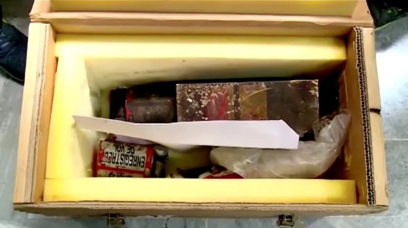 The crate containing purportedly the two black boxes recovered from the crashed Ukrainian airliner, Boeing 737-800, is seen in this still image taken from a video, in Teheran, Iran, on Jan. 10, 2020. (IRIB VIA WANA/Handout via Reuters)