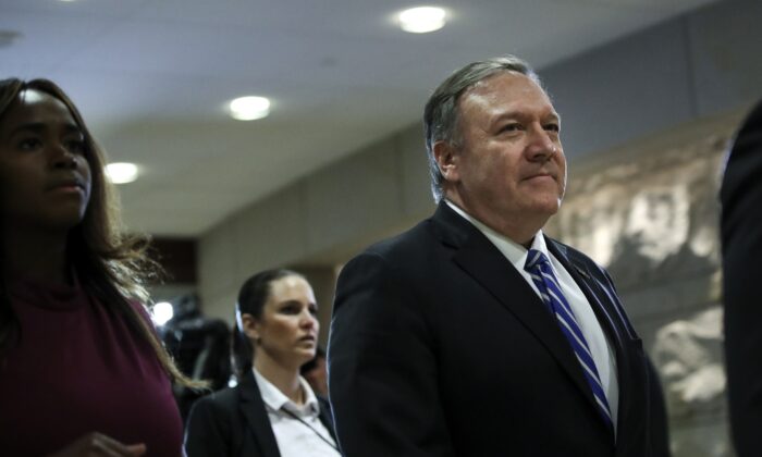 Secretary of State Mike Pompeo arrives for a briefing with members of the House of Representatives about the situation with Iran, at the U.S. Capitol in Washington on Jan. 8, 2020. (Drew Angerer/Getty Images)