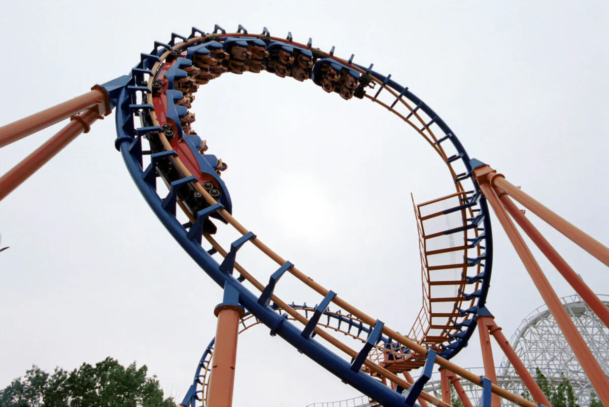 A rollercoaster makes a loop at Six Flags Amusement Park in Agawam, MA on June 8, 2000. (Darren McCollester/Newsmakers/Getty Images)