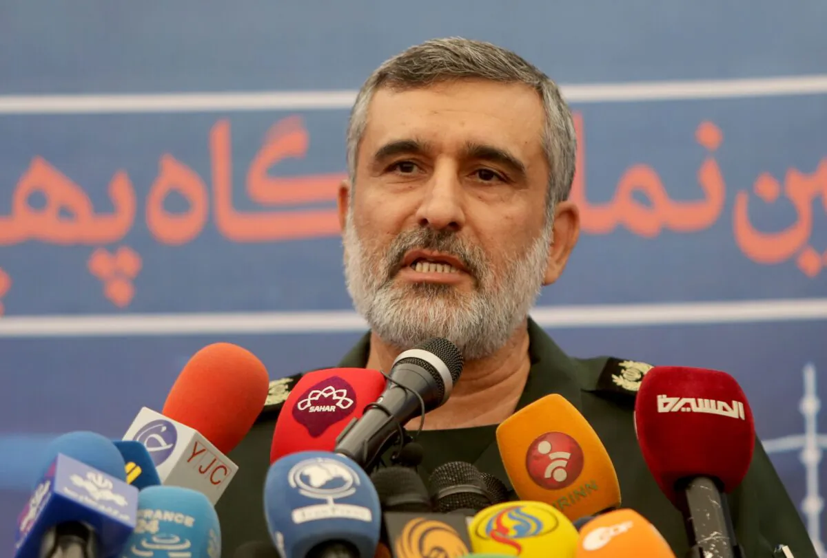 General Amir Ali Hajizadeh, the head of the Revolutionary Guard's aerospace division, speaks at Tehran's Islamic Revolution and Holy Defence museum, during the unveiling of an exhibition of what Iran says are US and other drones captured in its territory, in the capital Tehran on Sept. 21, 2019. (Photo by Atta Kenare/AFP via Getty Images)
