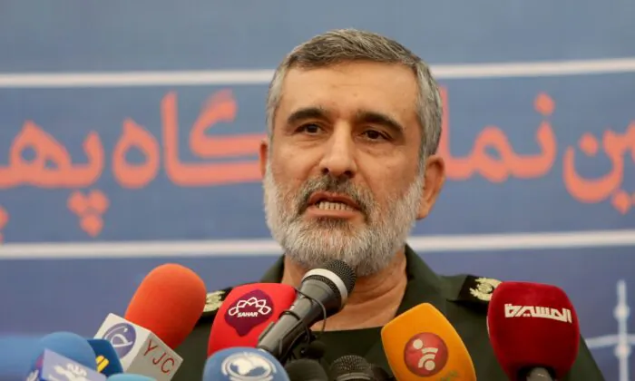 General Amir Ali Hajizadeh, the head of the Revolutionary Guard's aerospace division, speaks at Tehran's Islamic Revolution and Holy Defence museum, during the unveiling of an exhibition of what Iran says are US and other drones captured in its territory, in the capital Tehran on Sept. 21, 2019. (Photo by Atta Kenare/AFP via Getty Images)