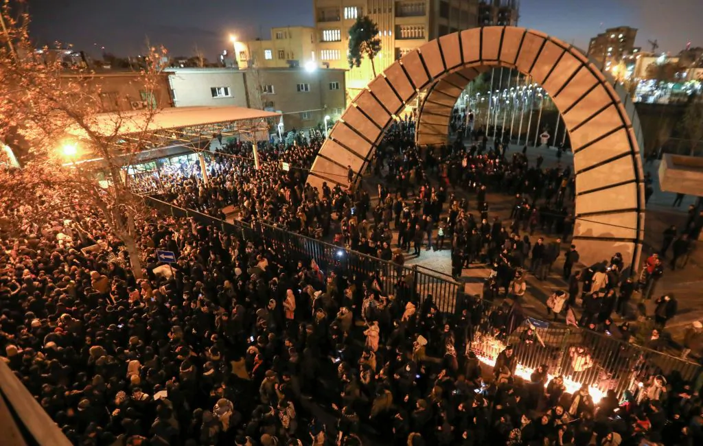 Iranians students demonstrate following a tribute for the victims of Ukraine International Airlines Boeing 737 in front of the Amirkabir University Tehran, on Jan. 11, 2020. (Atta Kenare/AFP via Getty Images)