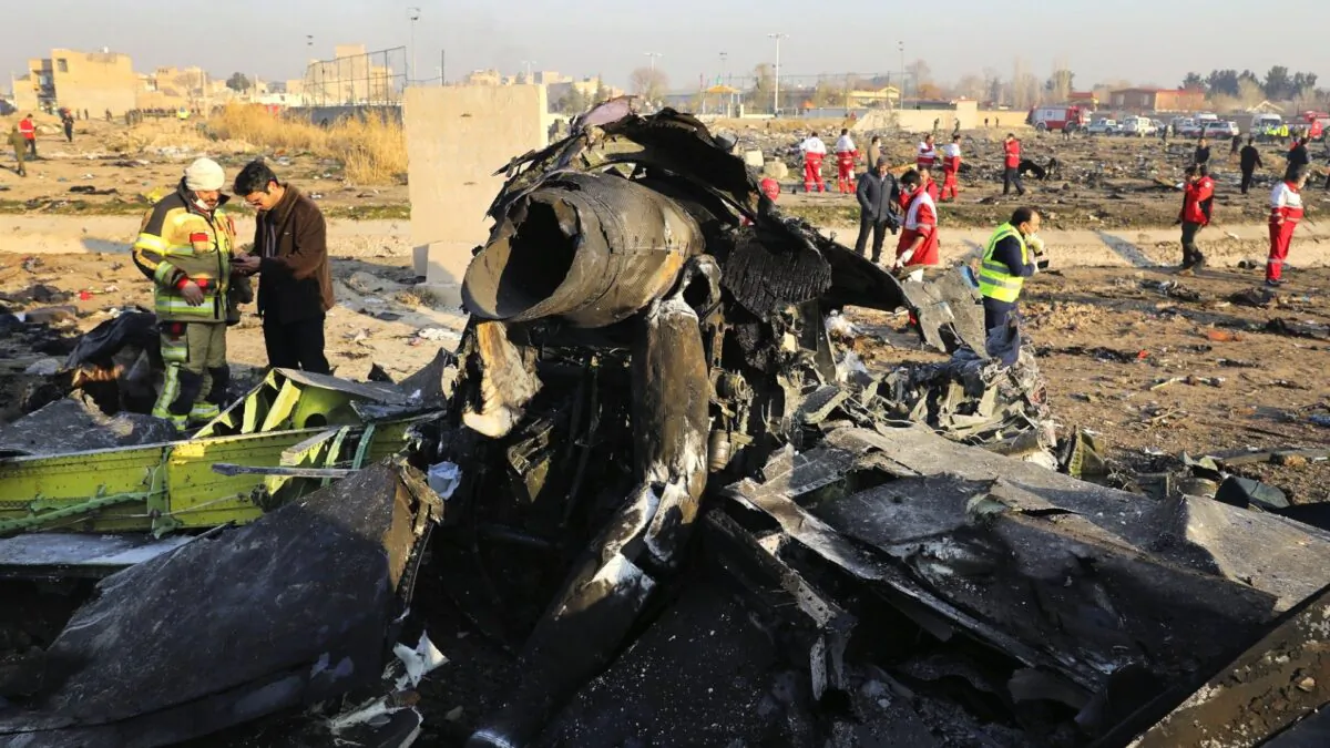 Debris at the scene where a Ukrainian plane crashed in Shahedshahr southwest of the capital Tehran, Iran on Jan. 8, 2020. (Ebrahim Noroozi/AP Photo)