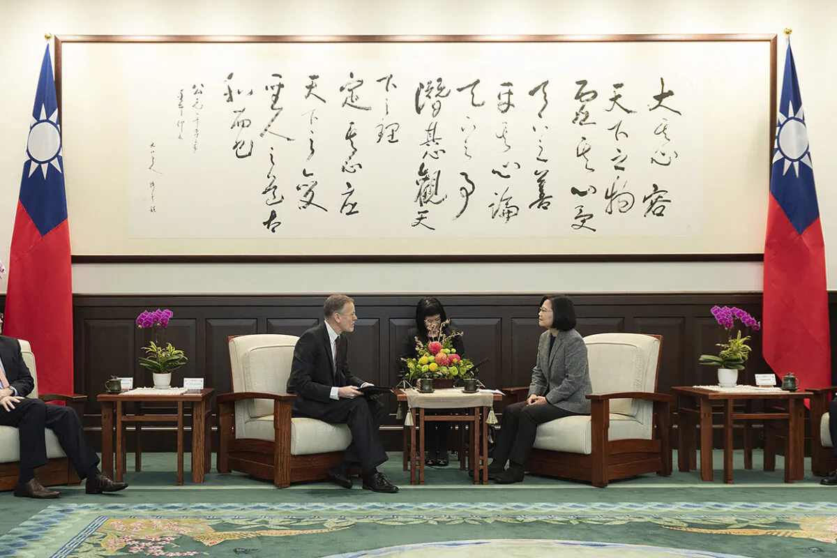 In this photo released by the Taiwan Presidential Office, William Brent Christensen (L), director of the American Institute in Taiwan, meets with Taiwan President Tsai Ing-wen in the Presidential Office in Taipei, Taiwan. (Taiwan Presidential Office via AP)