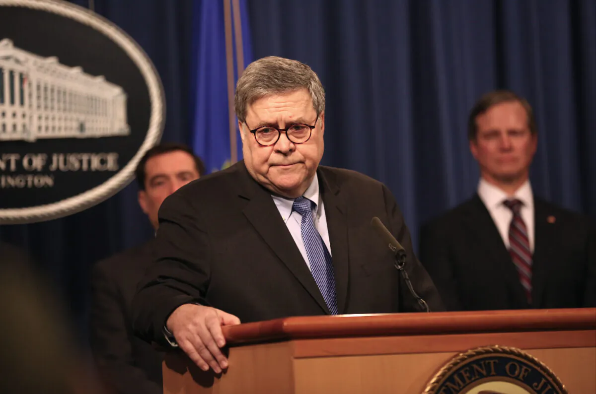 Attorney General Bill Barr and justice officials hold a press conference at the Justice Department in Washington on Jan, 13, 2020. (Charlotte Cuthbertson)