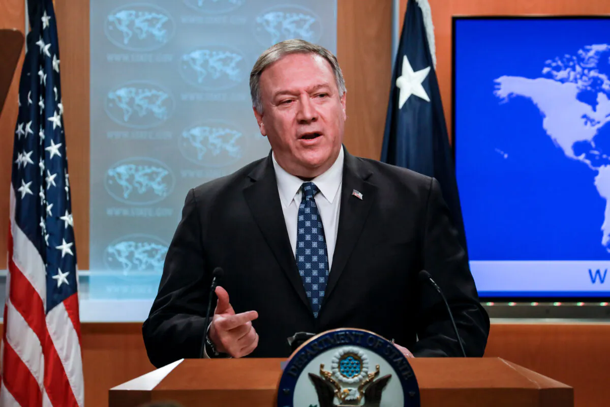 Secretary of State Mike Pompeo holds a press briefing at the State Department in Washington on Jan. 7, 2020. (Charlotte Cuthbertson/The Epoch Times)
