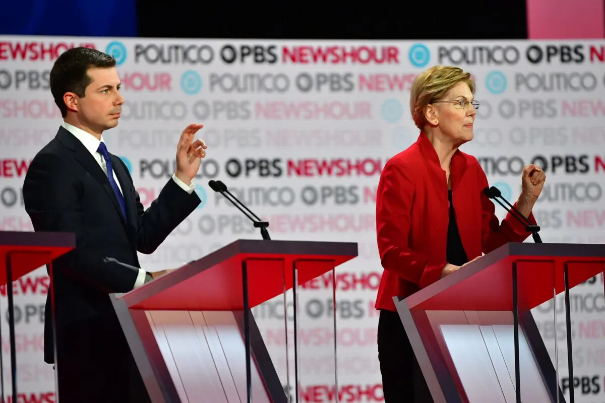 Democratic presidential hopeful Mayor of South Bend, Indiana Pete Buttigieg (L) and Massachusetts Senator Elizabeth Warren participate of the sixth Democratic primary debate at Loyola Marymount University in Los Angeles on Dec. 19, 2019. (Frederic J. Brown/AFP via Getty Images)