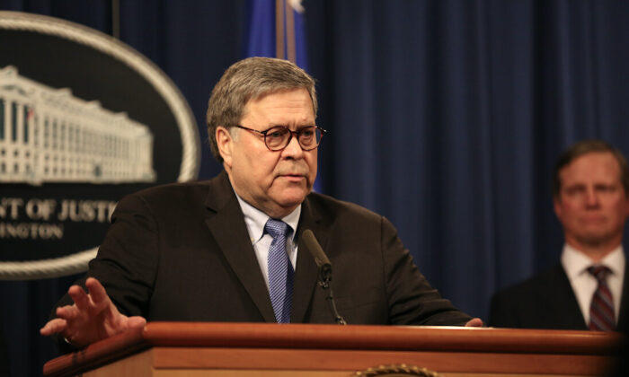 Attorney General William Barr speaks at a press conference at the Department of Justice in Washington on Jan. 13, 2020. (Charlotte Cuthbertson/The Epoch Times)