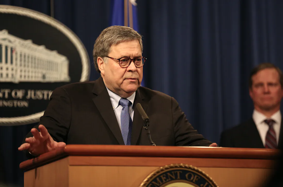 Attorney General William Barr speaks at a press conference at the Department of Justice in Washington on Jan. 13, 2020. (Charlotte Cuthbertson/The Epoch Times)