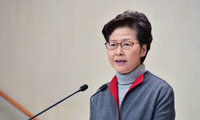 Hong Kong leader Carrie Lam speaks in her weekly press conference in Hong Kong on Jan. 14, 2020. (Bill Cox/The Epoch Times)