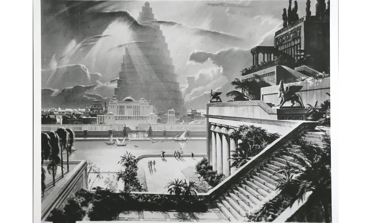 The city of Babylon, with the Tower of Babel in the distance, and one of the Ancient Seven Wonders, the Hanging Gardens, is shown in this re-construction by Artist Mario Larrinaga. Built by King Nebuchadnezzar to please one of his wives, it is shown by means of this painting in Cinerama, Babylon. Hulton Archive/Getty Images