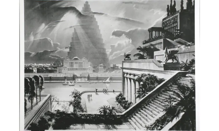 The city of Babylon, with the Tower of Babel in the distance, and one of the Ancient Seven Wonders, the Hanging Gardens, is shown in this re-construction by Artist Mario Larrinaga. Built by King Nebuchadnezzar to please one of his wives, it is shown by means of this painting in Cinerama, Babylon.  Hulton Archive/Getty Images