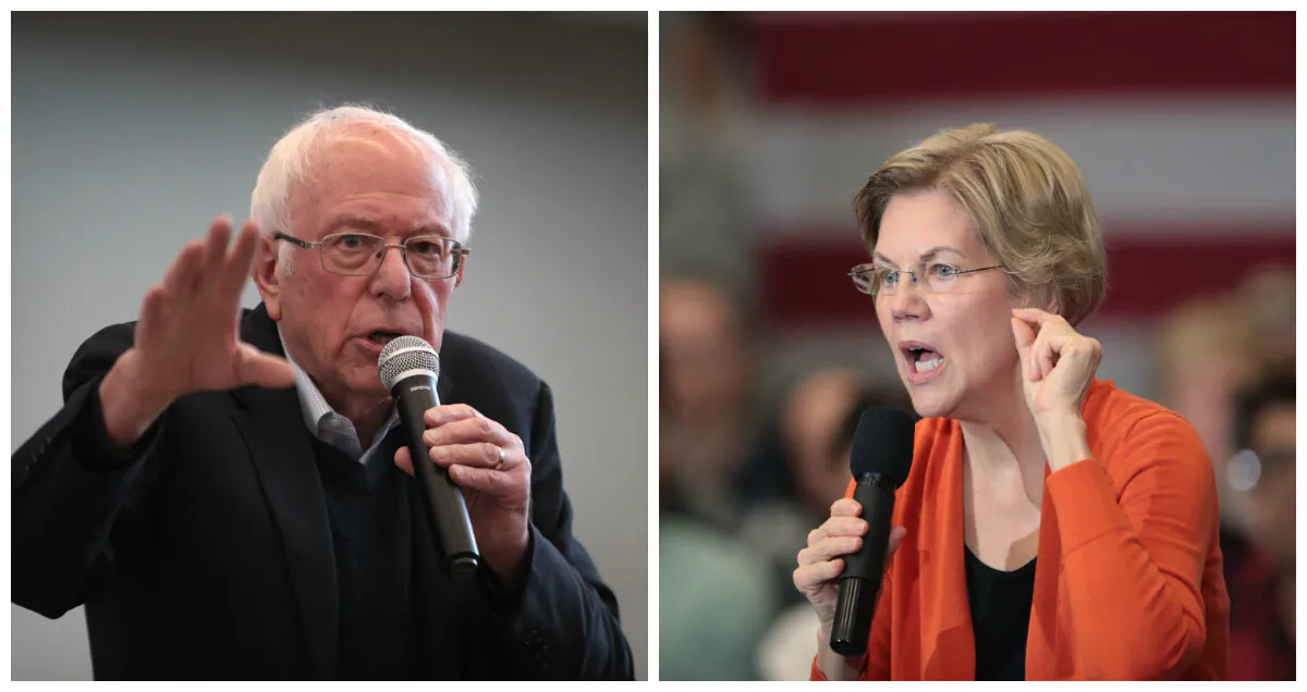Democratic presidential candidate Sen. Bernie Sanders (I-Vt.) speaks to guests during a campaign stop at Berg Middle School in Newton, Iowa on Jan. 11, 2020. (Scott Olson/Getty Images) Democratic presidential candidate, Sen. Elizabeth Warren (D-Mass.)peaks at a campaign stop at Fisher Elementary School in Marshalltown, Iowa on Jan. 12, 2020. (Scott Olson/Getty Images)