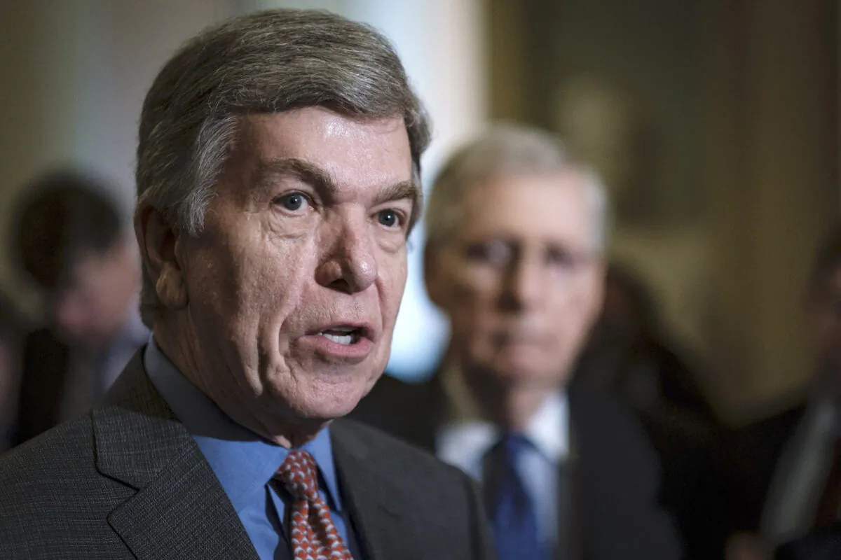 Sen. Roy Blunt (R-Mo.) speaks to the media in Washington on April 30, 2019. (Pete Marovich/Getty Images)