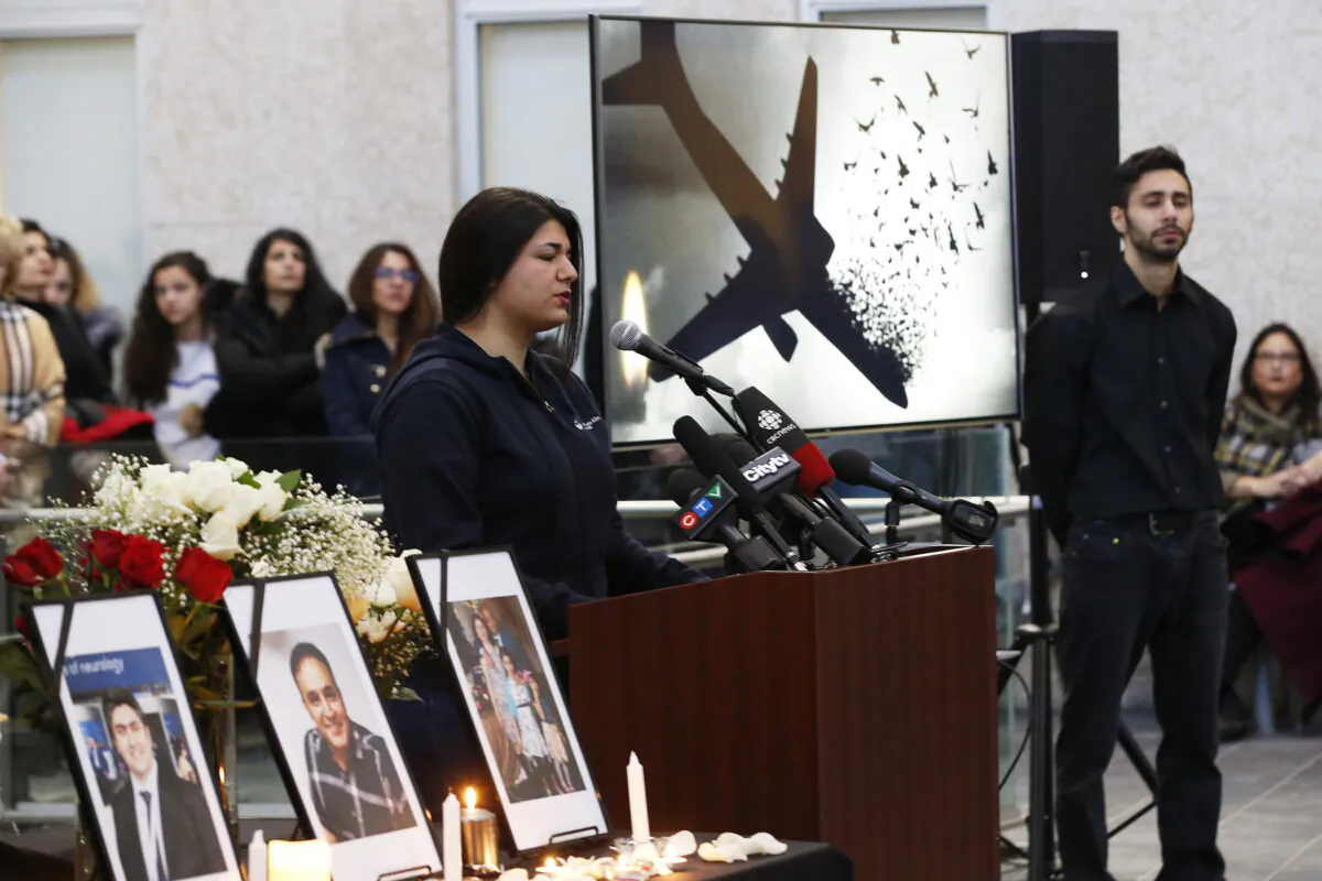Ayda Mohammadian speaks about her boyfriend Amir Hossein Ghorbani, who died aboard Ukraine flight 752 shot down by Iranian military, at a vigil to honour the victims at the University of Manitoba in Winnipeg on Jan. 10, 2020. (The Canadian Press/John Woods)