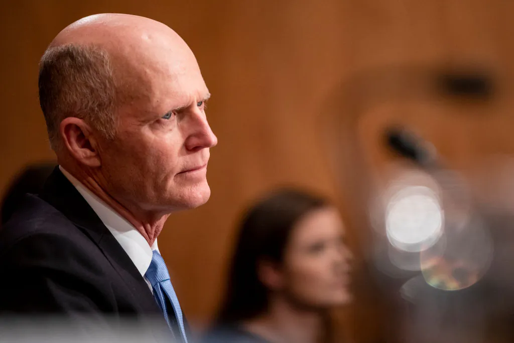 Sen. Rick Scott (R-Fla.) listens as Department of Justice Inspector General Michael Horowitz testifies before the Senate Committee On Homeland Security And Governmental Affairs during a hearing at the US Capitol on Dec. 18, 2019. (Samuel Corum/Getty Images)