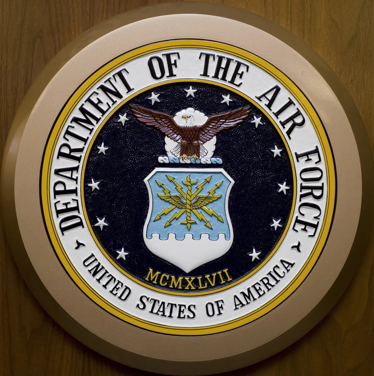 The Department of the Air Force seal hangs on the wall at the Pentagon in Washington, on Feb. 24, 2009. (Paul J. Richards/AFP via Getty Images)