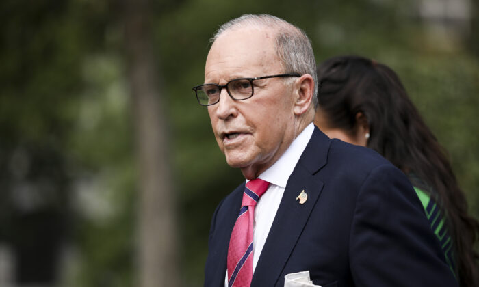 Former White House economic adviser Larry Kudlow talks to media outside the White House in Washington in a Sept. 26, 2019, file photograph. (Charlotte Cuthbertson/The Epoch Times)