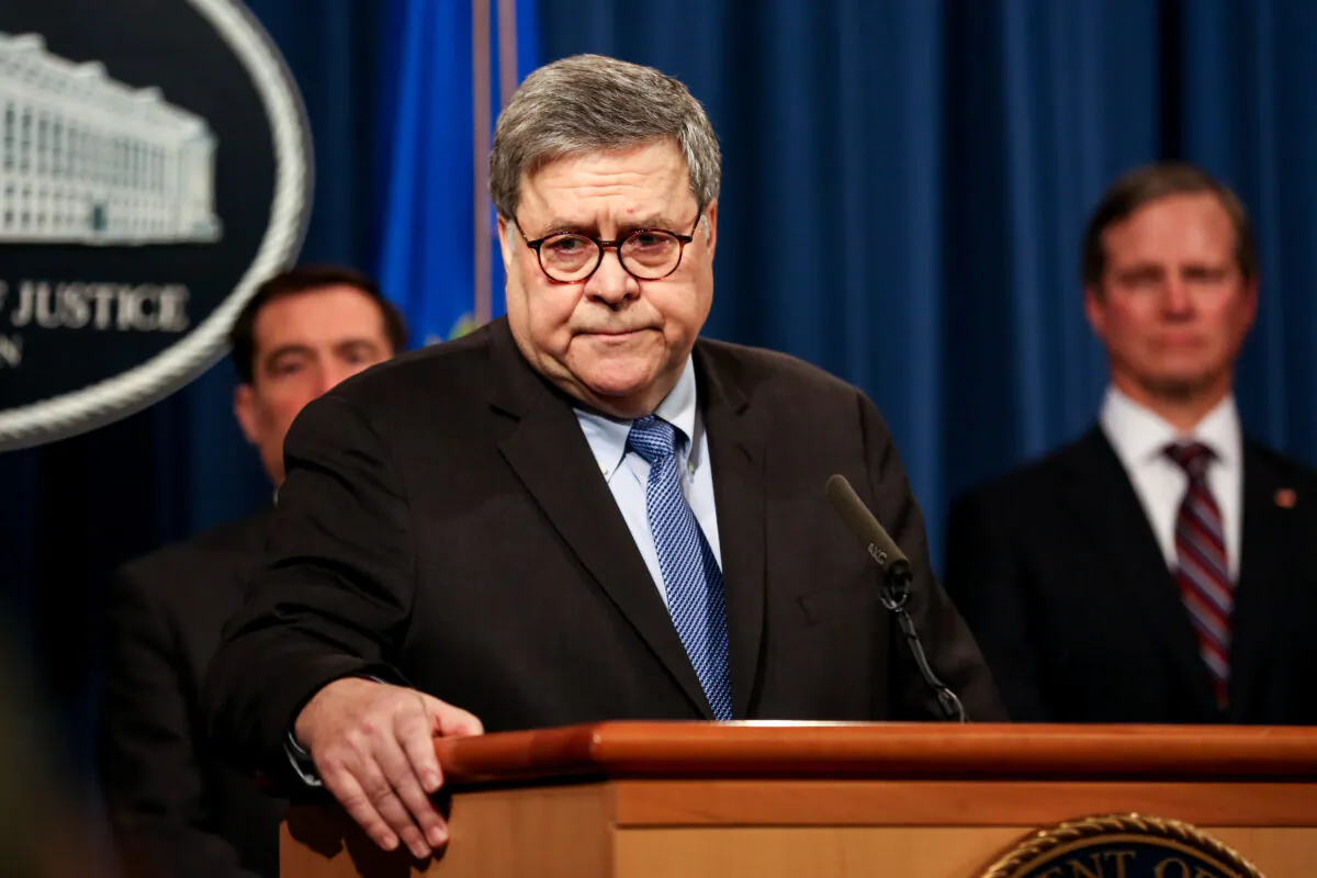 Attorney General Bill Barr and justice officials hold a press conference at the Justice Department in Washington on Jan, 13, 2020. (Charlotte Cuthbertson/The Epoch Times)