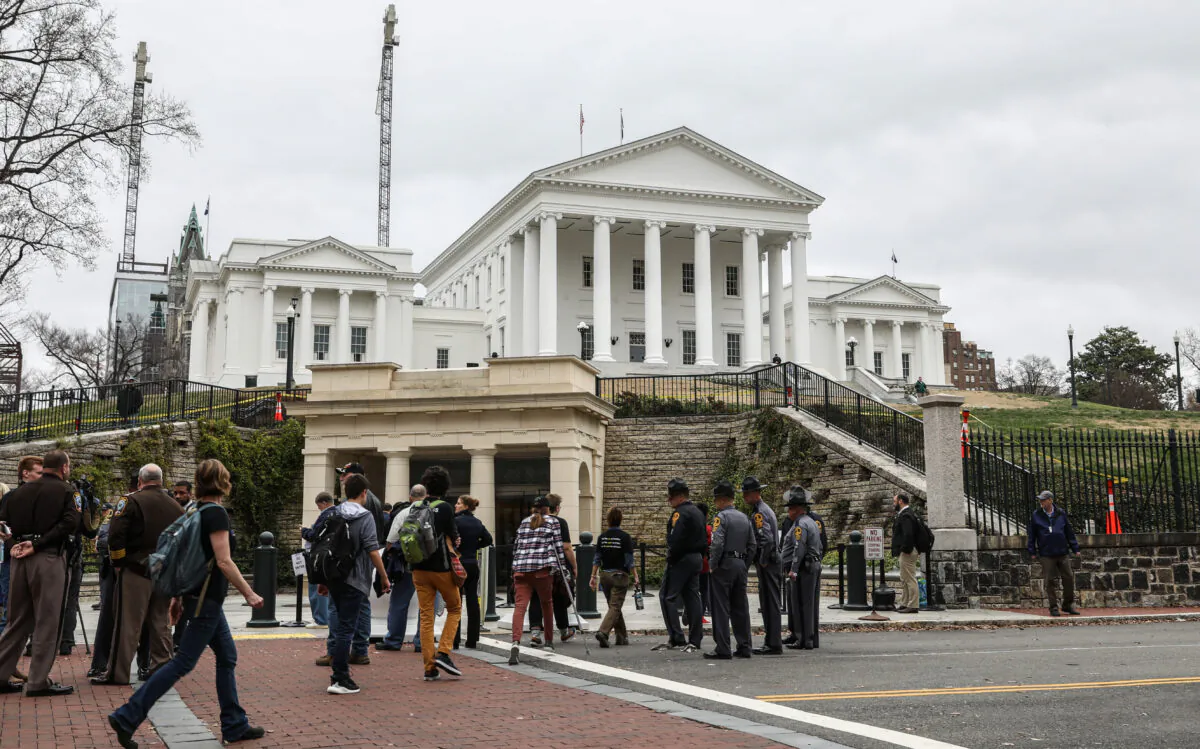 Second Amendment advocates after a hearing where four gun control bills passed the Senate Judiciary Committee at the Virginia State Capitol in Richmond, Va., on Jan. 13, 2020. (Samira Bouaou/The Epoch Times)