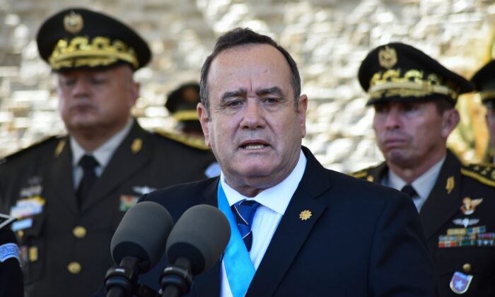 Guatemalan President and Army Commander in Chief Alejandro Giammattei speaks during a military ceremony in Guatemala City, on Jan. 15, 2020. (Orlando Estrada / AFP via Getty Images)