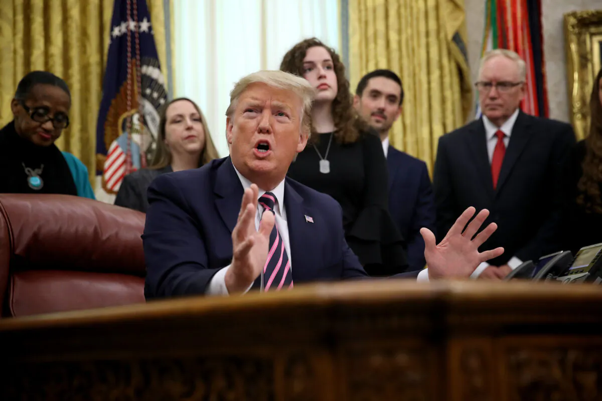 President Donald Trump speaks during an event in the Oval Office announcing guidance on constitutional prayer in public schools in Washington on Jan. 16, 2020. (Win McNamee/Getty Images)