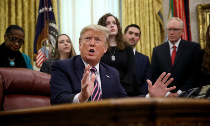 President Donald Trump speaks during an event in the Oval Office announcing guidance on constitutional prayer in public schools in Washington on Jan. 16, 2020. (Win McNamee/Getty Images)