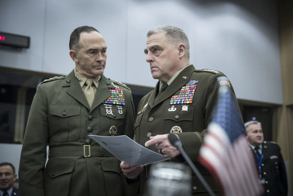 Army Gen. Mark A. Milley, chairman of the U.S. Joint Chiefs of Staff (R) and Maj. Gen. John K. Love, U.S. representative to the NATO Military Committee (L), attend the NATO meetings in Brussels, Belgium, on Jan. 15, 2020. (NATO Photo)