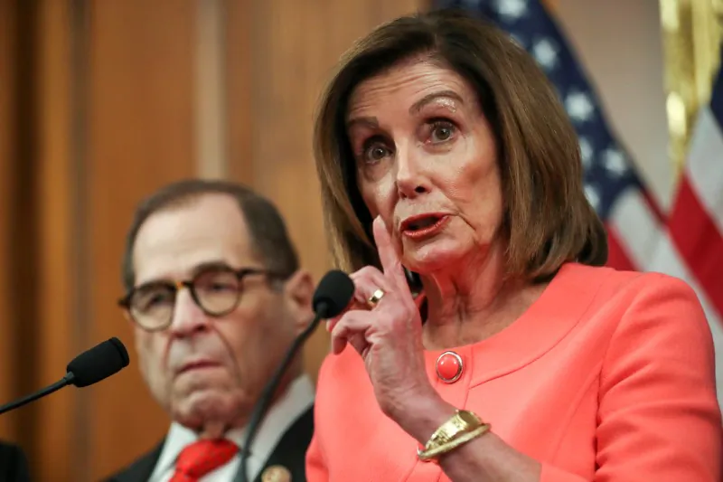 House Speaker Nancy Pelosi (D-Calif.) speaks next to House manager Judiciary Committee Chairman Jerry Nadler (D-N.Y.) in Washington on Jan. 15, 2020. (Leah Millis/Reuters)