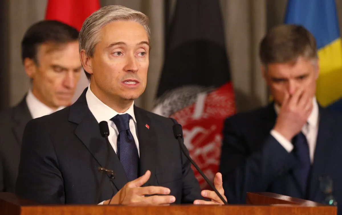Francois-Philippe Champagne, Canada Minister of Foreign Affairs, speaks during a press conference beside Ukraine Minister of Foreign Affairs Vadym Prystaiko. (Frank Augstein/AP)