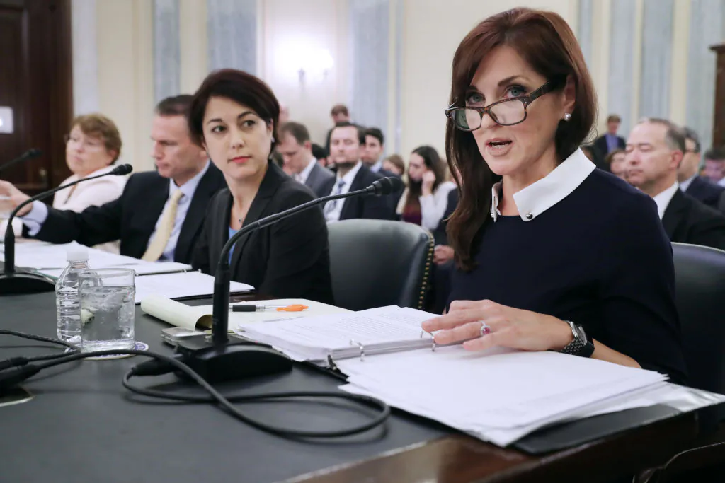 Center for Democracy & Technology President and CEO Nuala O'Connor (R) testifies before the Senate Commerce, Science and Transportation Committee about consumer data privacy during a hearing in Washington, D.C., on Oct. 10, 2018. Witnesses answered committee members' questions about the European Union's General Data Protection Regulation and the California Consumer Privacy Act, which went into effect on Jan. 1, 2020. (Chip Somodevilla/Getty Images)