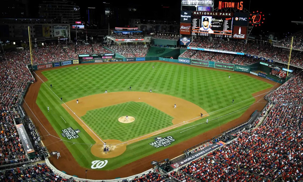 A general view as Sean Doolittle #63 of the Washington Nationals delivers the pitch to Martin Maldonado #12 of the Houston Astros during the seventh inning in Game Five of the 2019 World Series at Nationals Park in Washington on Oct. 27, 2019. (Will Newton/Getty Images)