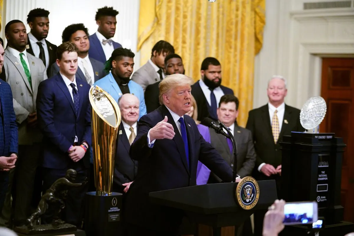 President Donald Trump takes part in an event honoring the 2019 College Football National Champions, the Louisiana State University Tigers, in the East Room of the White House in Washington on Jan. 17, 2020. (MANDEL NGAN/AFP via Getty Images)