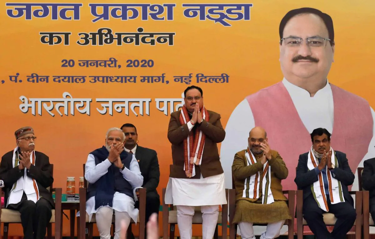 Jagat Prakash Nadda (C), newly elected President of India's ruling Bharatiya Janata Party (BJP), gestures after taking charge as the president during a ceremony at the party's headquarters in New Delhi, India, on Jan. 20, 2020. (Anushree Fadnavis/Reuters)
