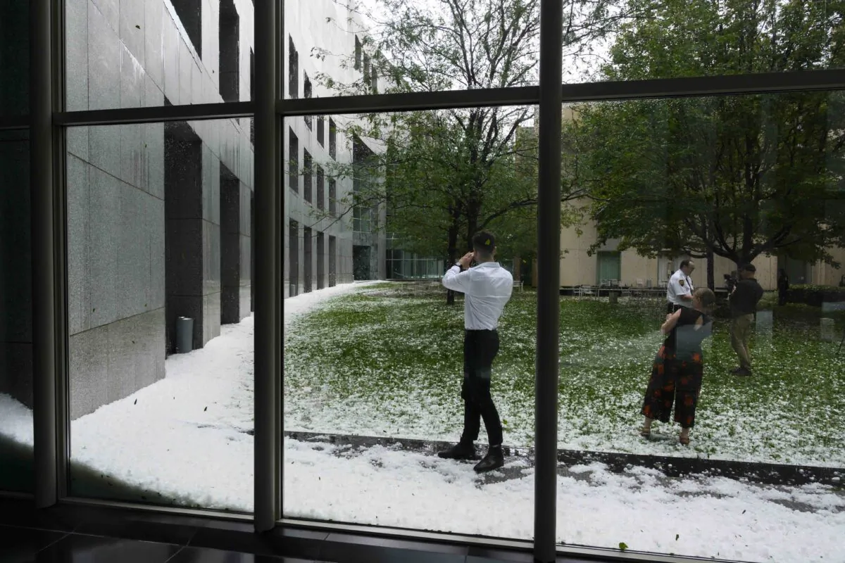 Golf ball-sized hail is shown at Parliament House in Canberra, Australia, on Jan. 20, 2020. (Rohan Thomson/Getty Images)