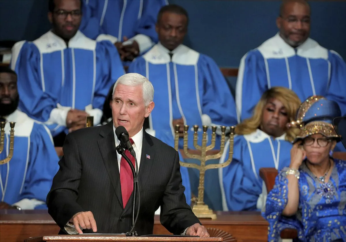 Vice President Mike Pence speaks to the Holy City Church of God In Christ congregation during his trip to Memphis, Tennessee, on Jan. 19, 2020. (Patrick Lantrip/Daily Memphian via AP)