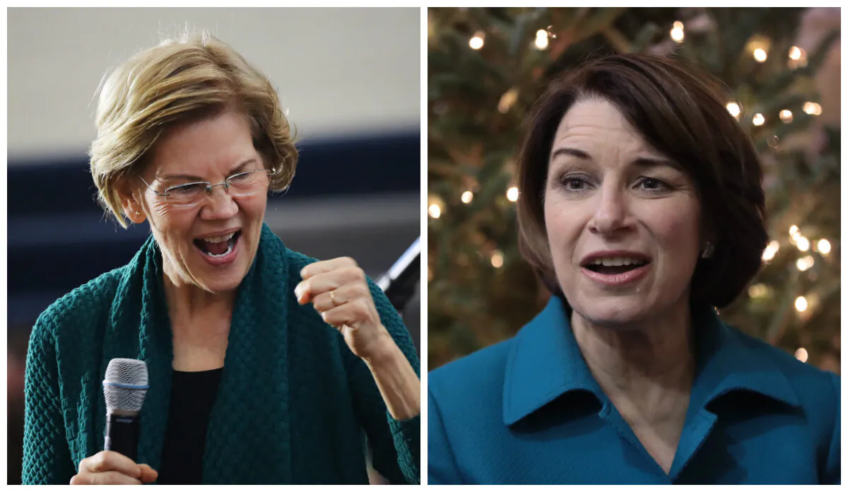 Left: Democratic presidential candidate Sen. Elizabeth Warren (D-Mass.) on the campaign trail in Des Moines, Iowa, on Jan. 19, 2020. (Spencer Platt/Getty Images) Right: Democratic presidential candidate Sen. Amy Klobuchar (D-Minn.) on the campaign trail in Fairfield, Iowa, on Dec. 20, 2019. (Scott Olson/Getty Images)