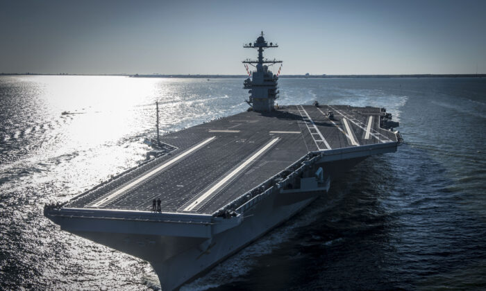 The USS Gerald R. Ford (CVN 78) is seen underway on its own power for the first time in Newport News, Va., on April 8, 2017. (Mass Communication Specialist 2nd Class Ridge Leoni/U.S. Navy via Getty Images)